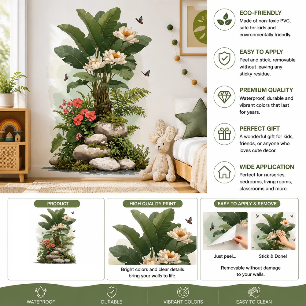Extra Large PVC Wall Sticker Waterproof Modern Minimalist Plant Flower Decor for Living Room Study Entrance 82.5x54.5cm Green