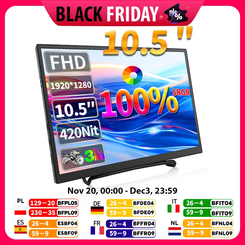 HGFRTEE 10.5 inch Portable Monitor 420Cd/m ² FHD 1280P 100% SRGB Laptop Second Screen For Mac Xbox PS4/5 Switch