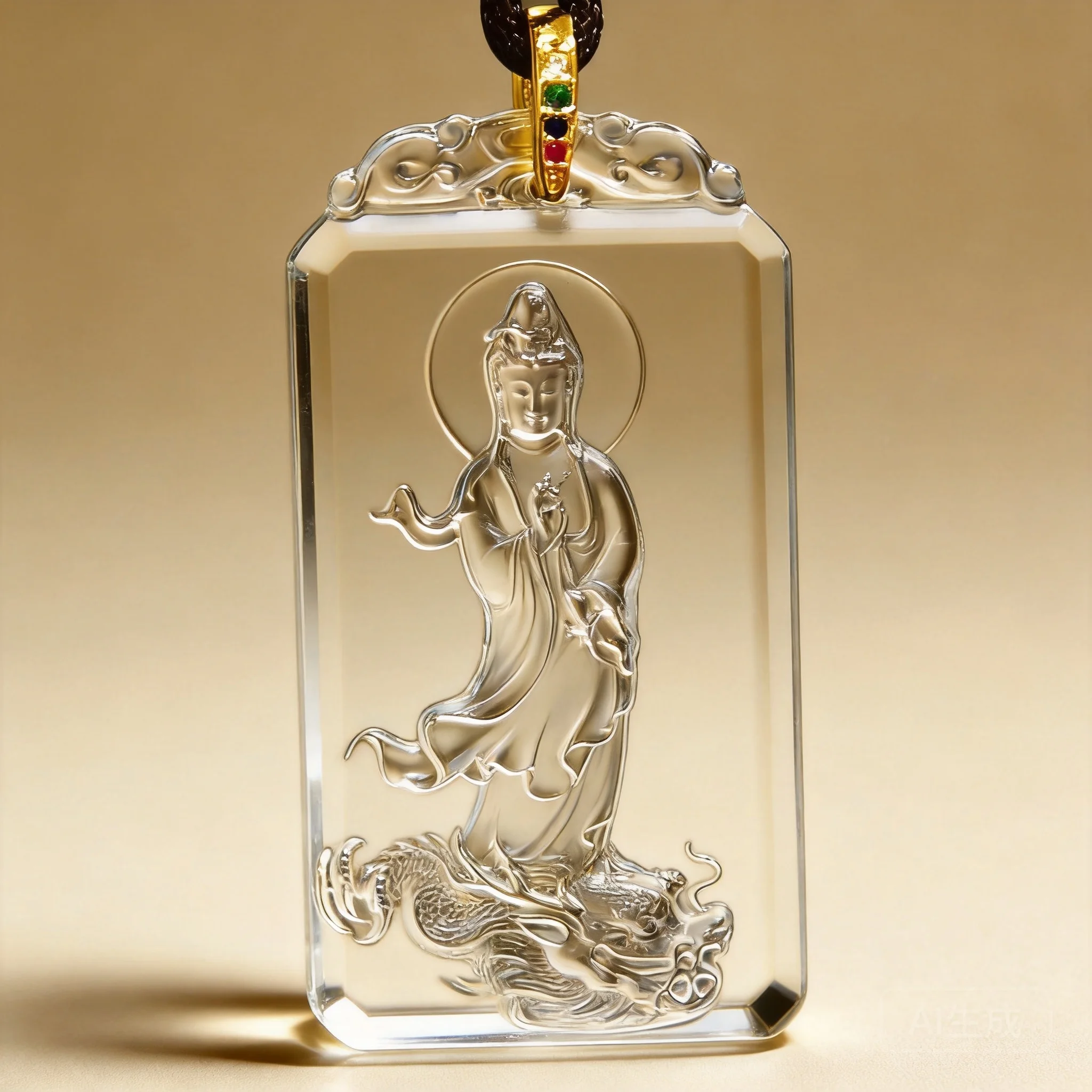Collier pendentif Guanyin Bodhisattva en verre Liuli givré style chinois porte-bonheur pour homme, fait main avec cordon café, amulette