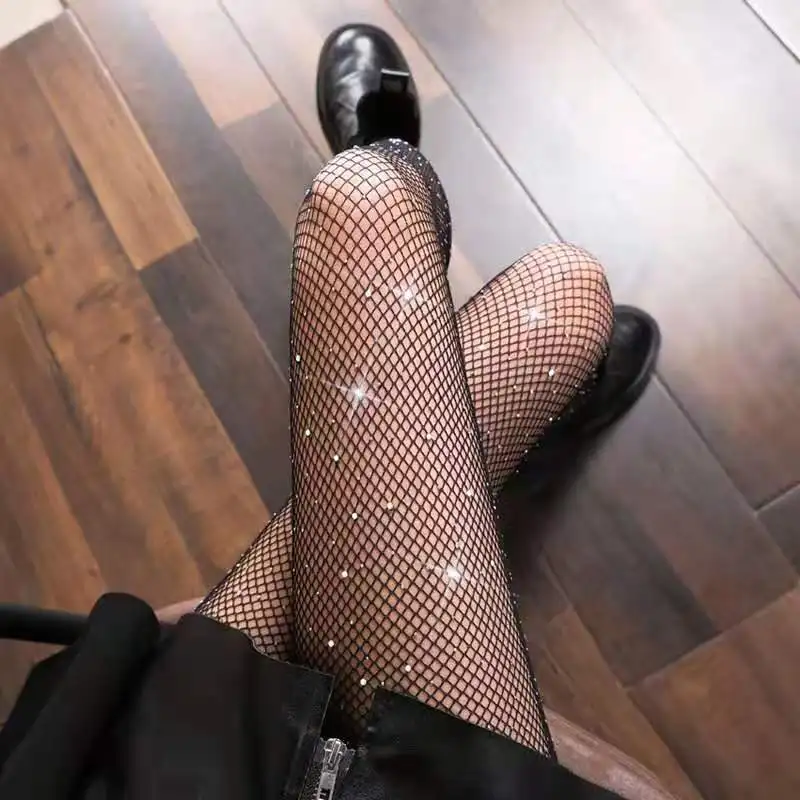 2022 New Sexy Fashion Shiny Net Tights Summer Fishnet Diamond Pantyhose Women  Slim Rhinestone Mesh Nylon Stockings Tights