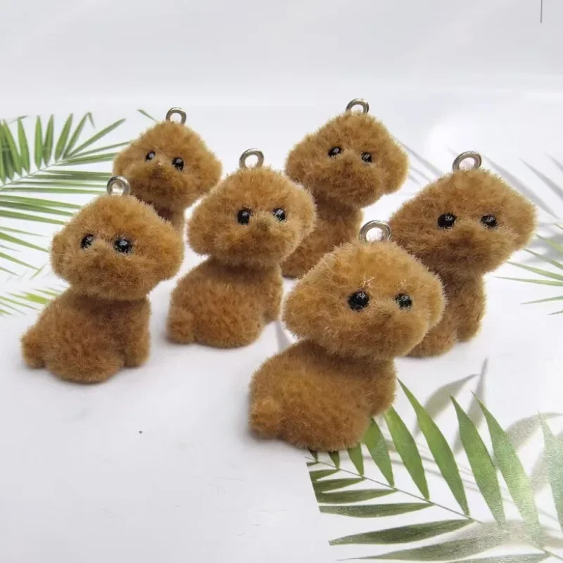 20Pcs 3D Cartoon Flocking Brown Pit Bull Resin Charms Plush Animal Dog Doll Pendant For Keychain Earring DIY Crafts Jewelry Make