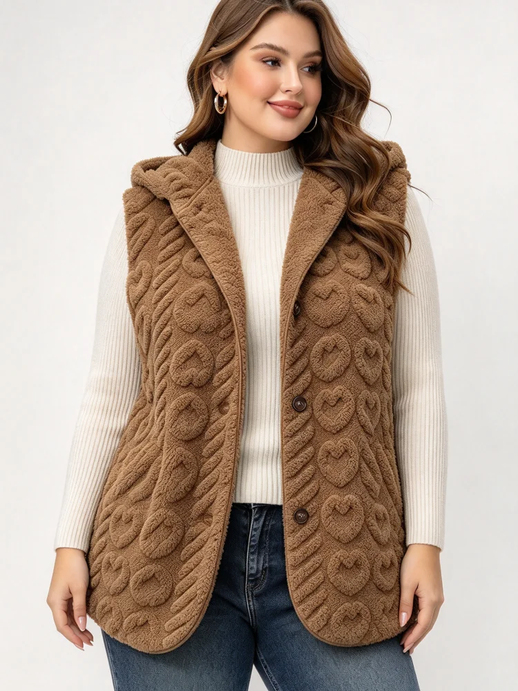 Plus Size Women Fleece Vest Hooded Sleeveless Button Down Teddy Gilet Heart Textured Warm Fluffy Waistcoat Casual For Daily