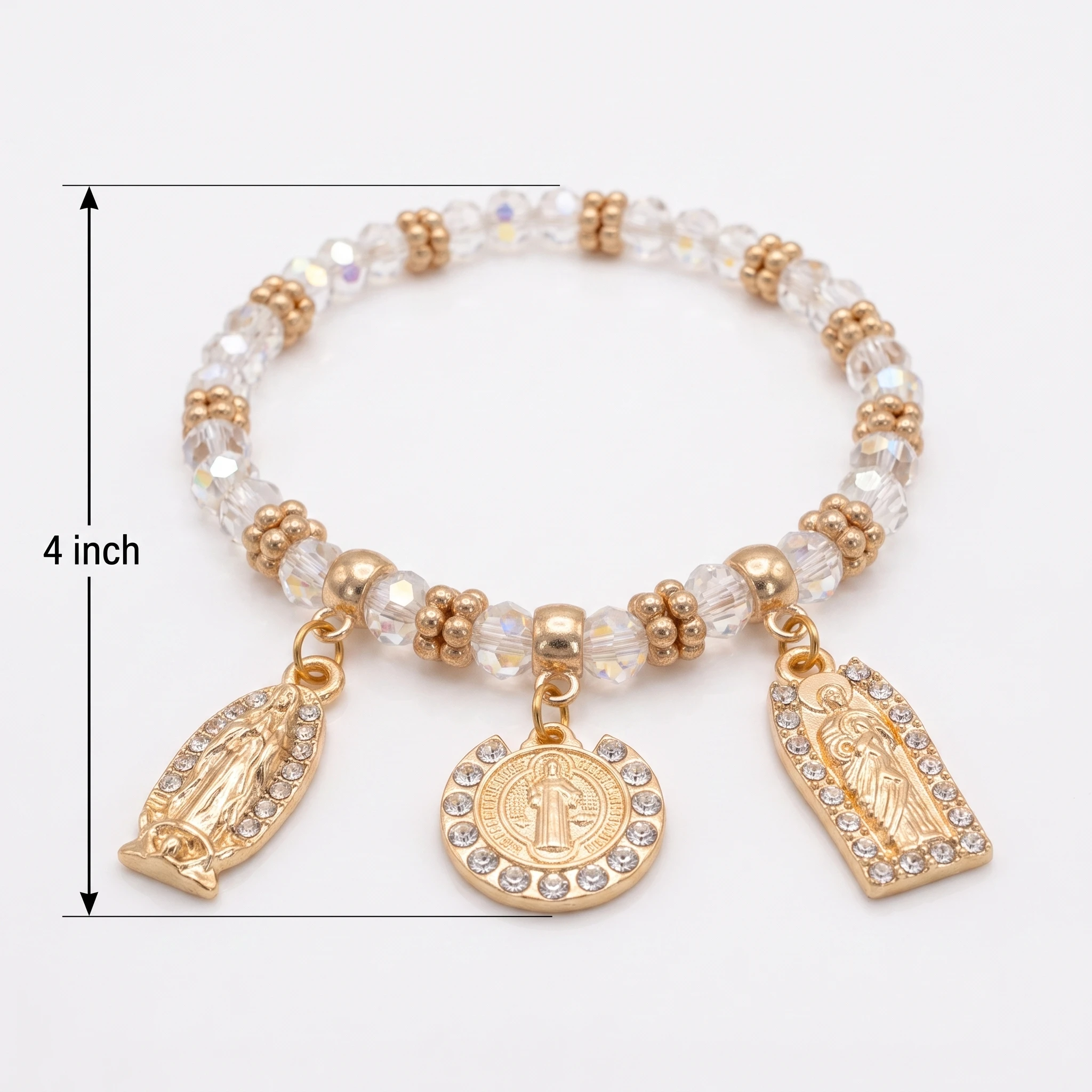 12-Pack Elegant Clear Crystal Beaded Religious Protection Bracelet Set - Gold Tone St. Benedict, Virgin Mary & St. Jude Charms with Rhinestones - Delicate Elastic Stretch Faith Jewelry Bulk Gifts for Baptism & Communion Mini 4 Inch