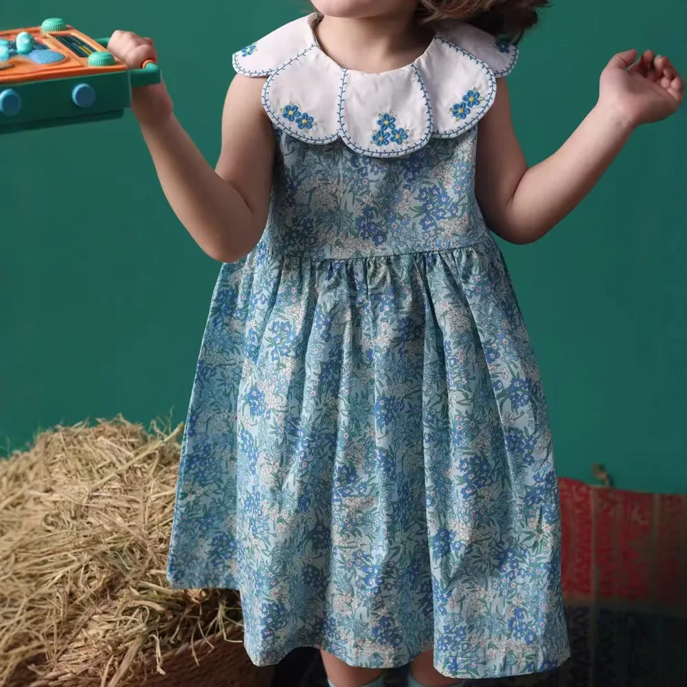 summer girls dress baby girls clothes kids dresses sweet floral-print dress flower-embroidered petal collar dress