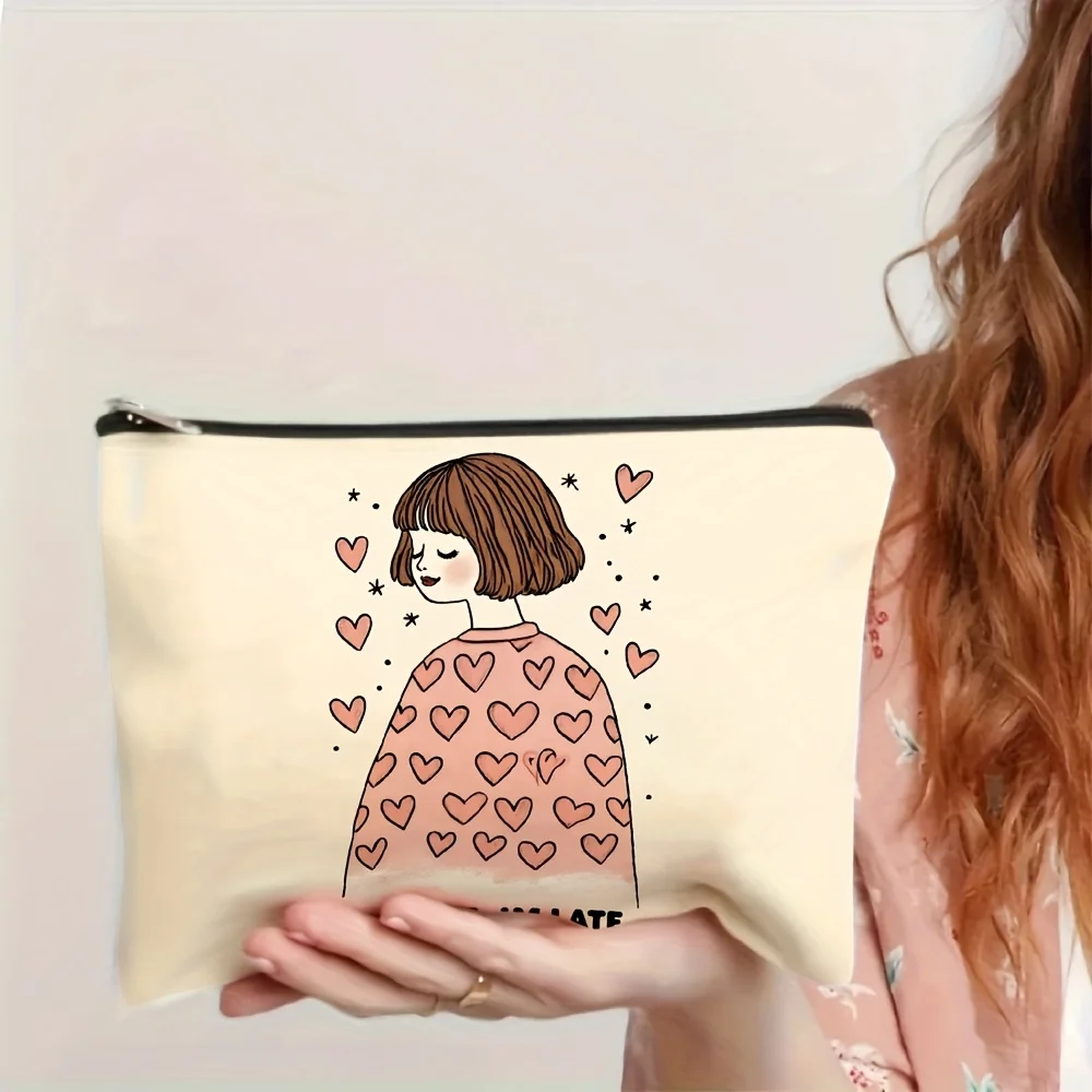 하트 모양 패턴과 'I'M LATE' 텍스트 디자인 메이크업 가방 - 다기능 지퍼 파우치, 보석 보관 가방, 완벽한 여행용