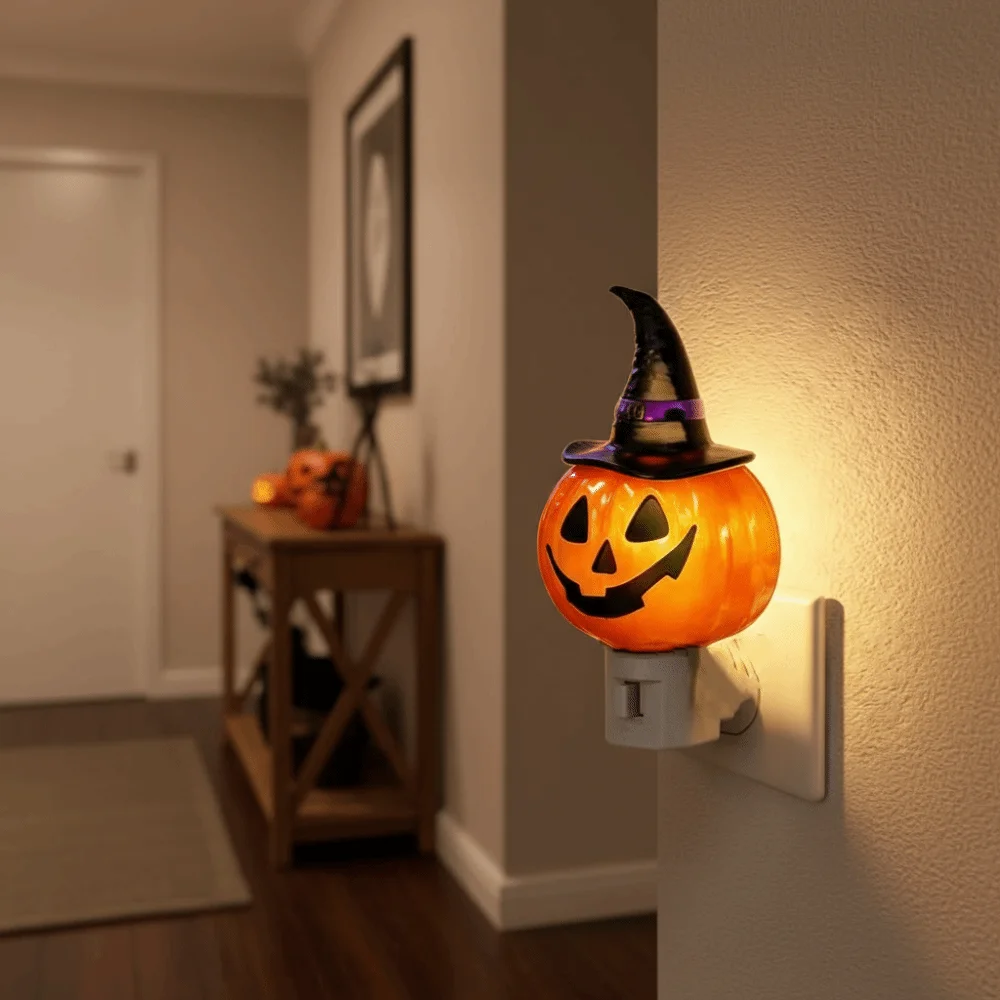 Resin Made Plug In Nightlight Space Saving 3D Figurine Pumpkin Wall Light Eco-Friendly Exquisite Detail Halloween Wall Sconce