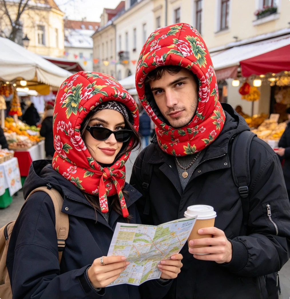 China Northeast Cloth Headgear Women's Winter Cotton Headscarf Hat Ethnic Style Village Girl Warm Ear Protection Balaclava Hat