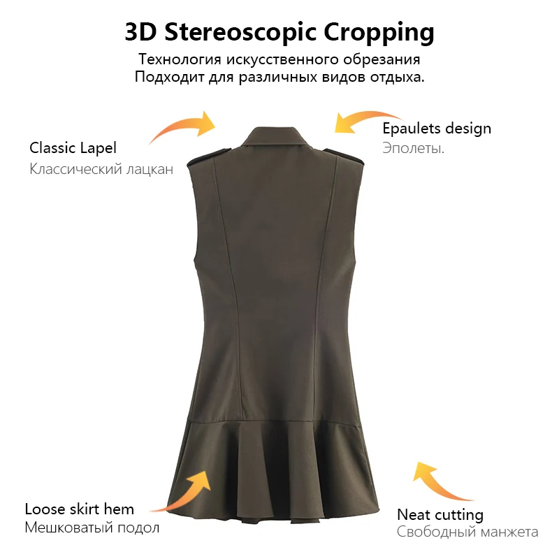 RECJI Vestido feminino com decoração em camadas, sem mangas, entalhado, duplo breasted, vestido curto, elegante e moderno, item obrigatório