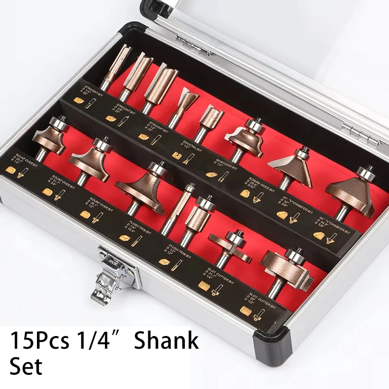 

15Pcs 1/4" Shank Professional Router Bit Kit Woodworking Engraving Trimming Grooving Milling Cutter For Furniture Making