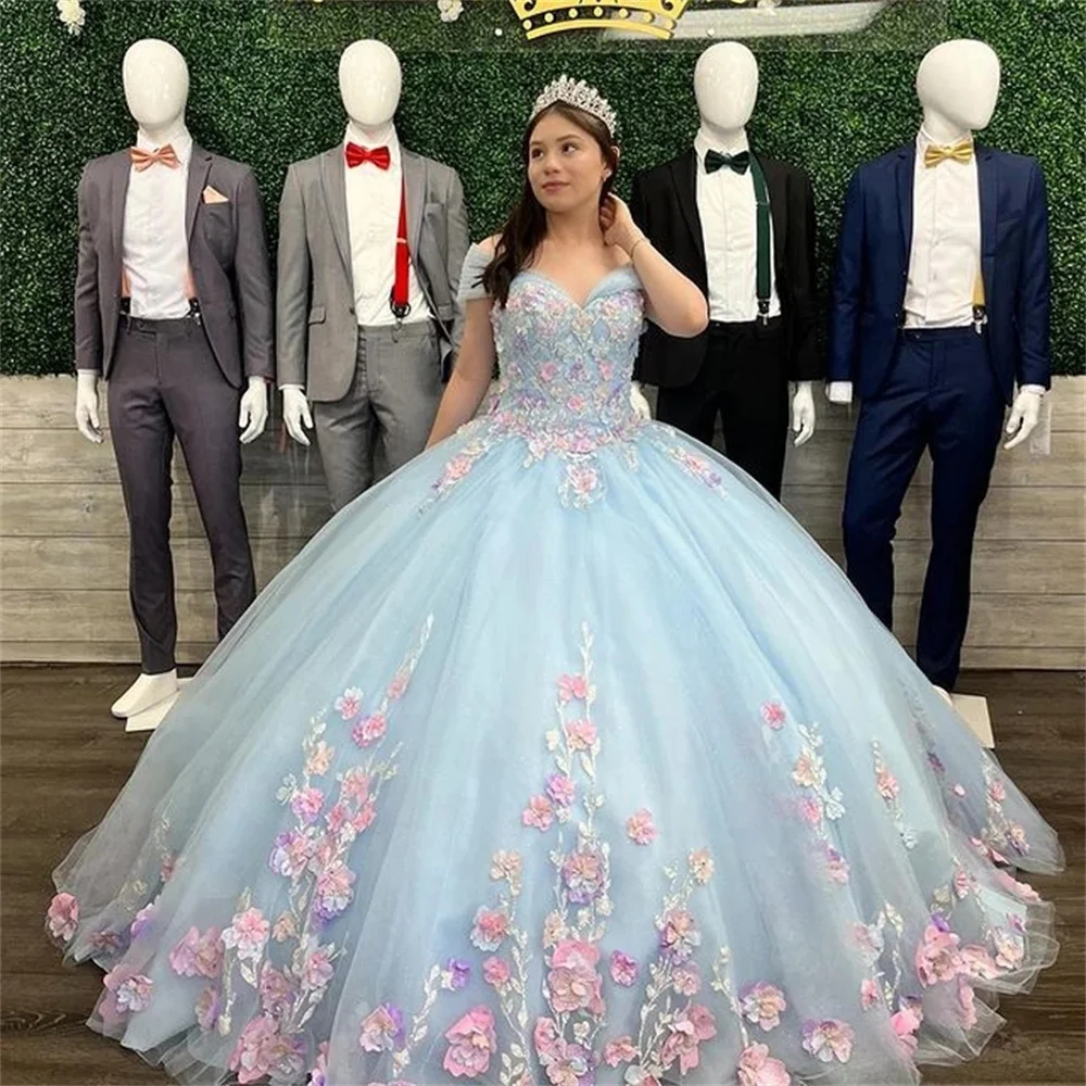 ANGELSBRIDEP-Vestidos Quinceanera azul-céu com flores 3D, apliques florais, vestido dezesseis com renda, rosa