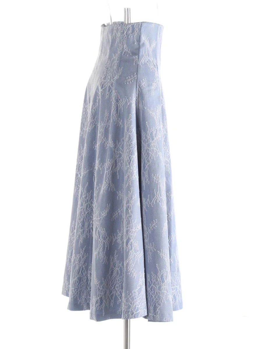 CHICEVER – jupe brodée épissée de couleur bleue pour femmes, tunique taille haute, élégante, Vintage, pliable, ligne A, Style d'été