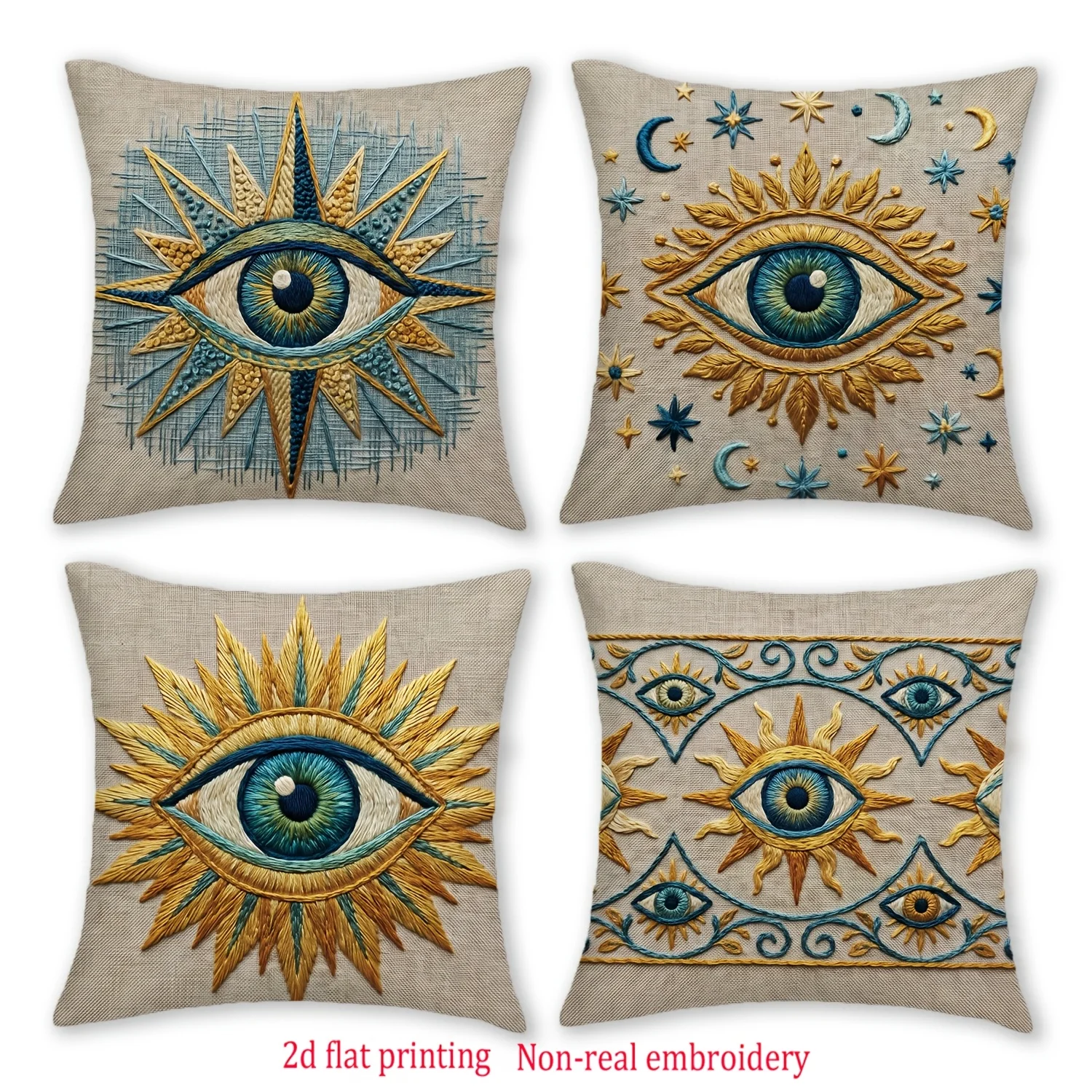 Set of 4 Printed Eye of Providence Throw Pillow Covers Boho Chic Bohemian All Seeing Eye Accent Cushion Decor Polyester Househol