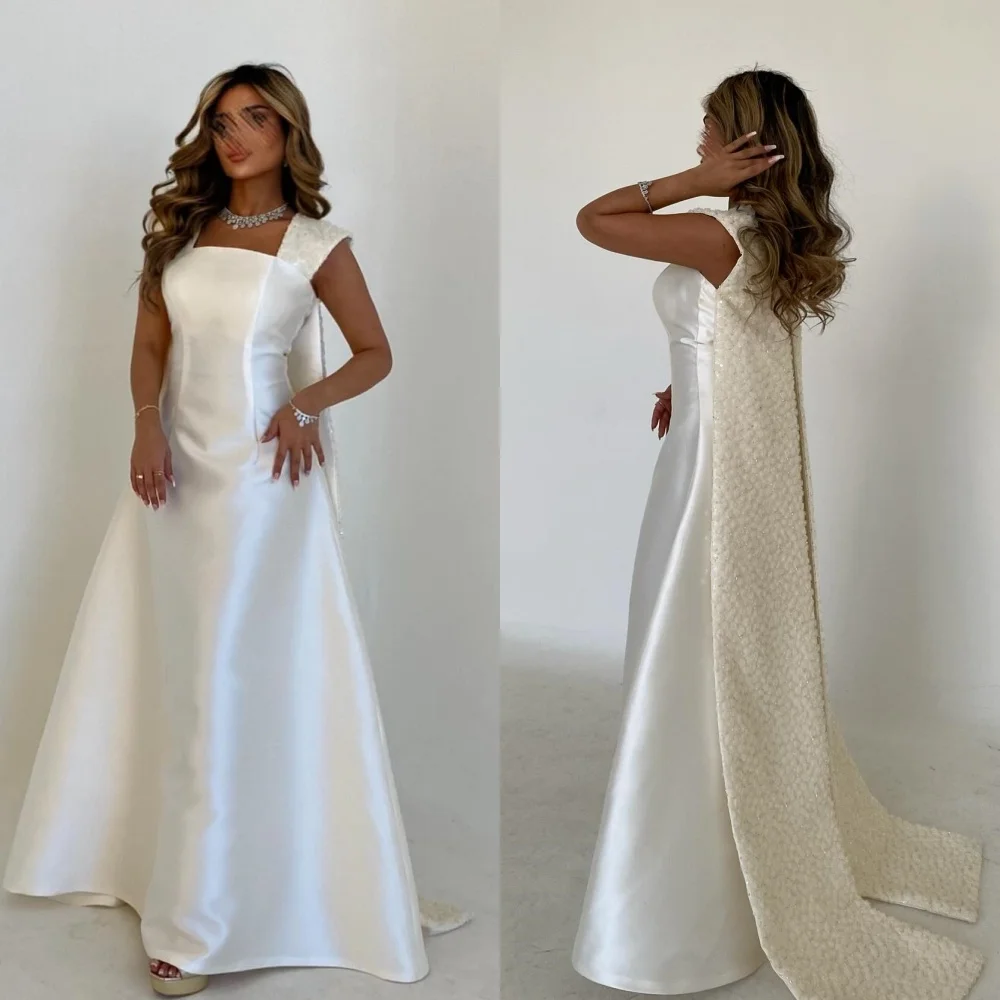 Satin Beading Draped Evening A-line Square Collar Bespoke Occasion Gown Long Dresses