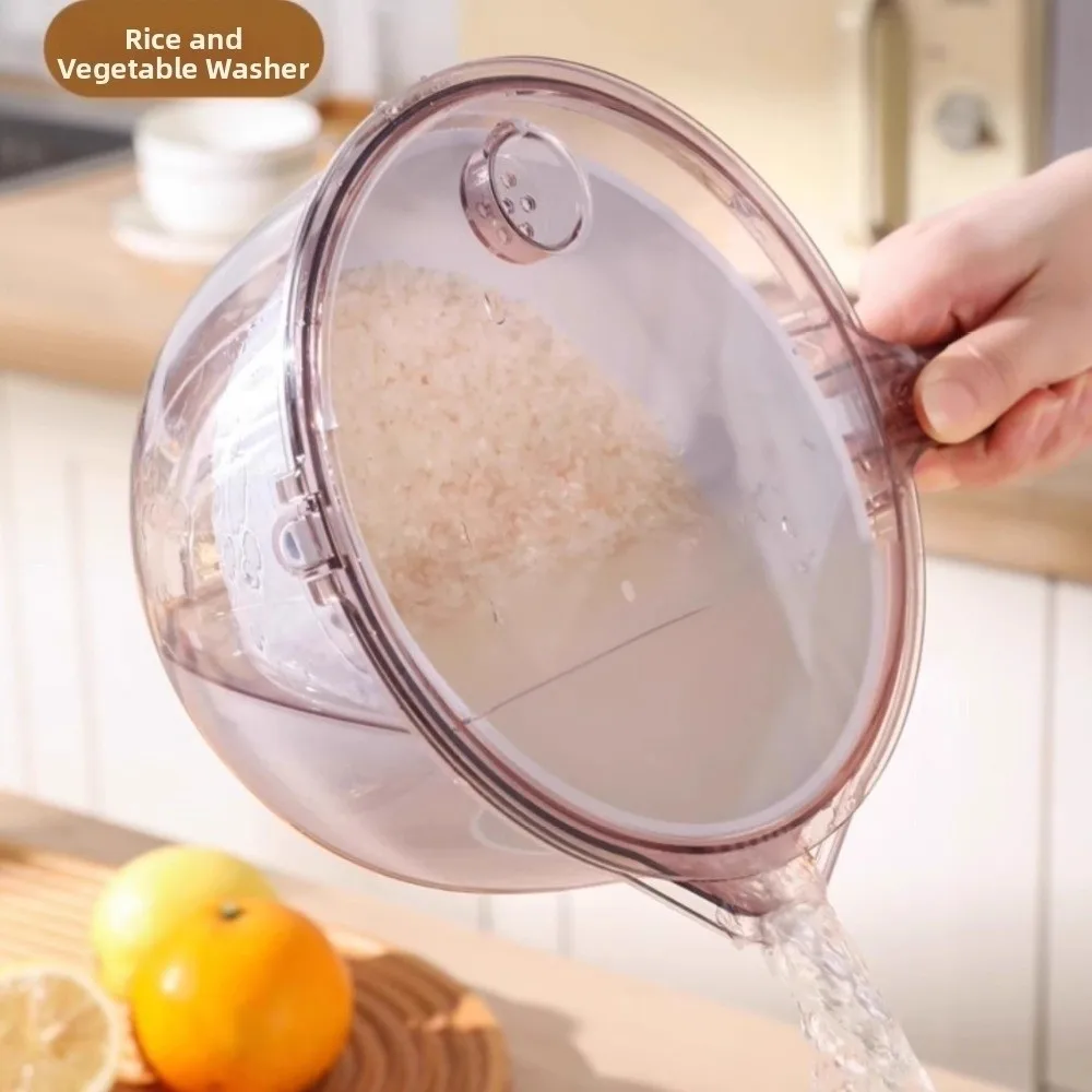 Long Handle Vegetable Drain Basket Double Layer Rotating Fruit Vegetable Washing Bowl Creative 3-in-1 Water-Filtering Basin