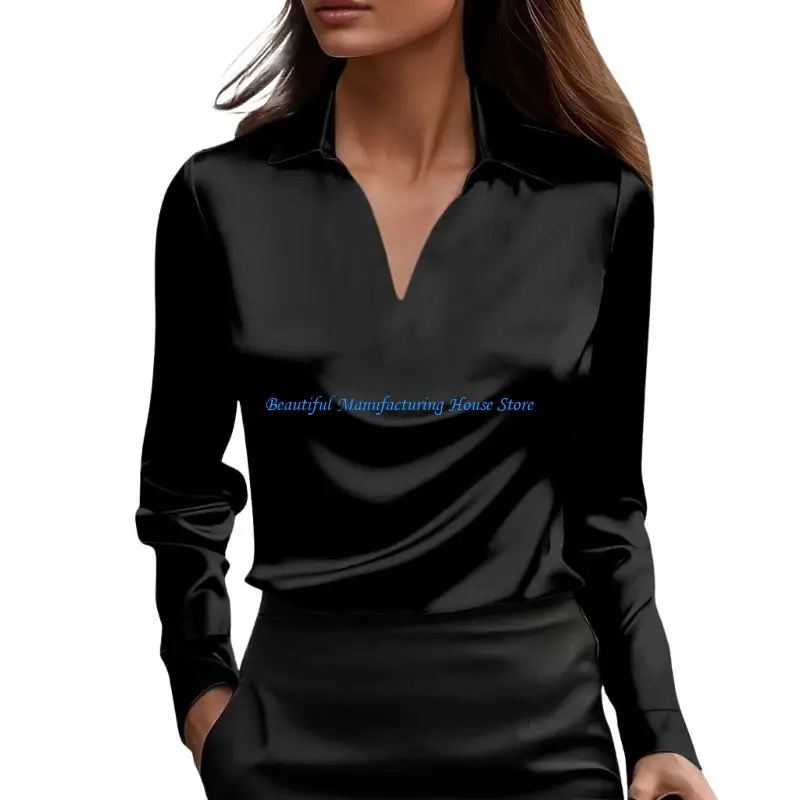 

E56A Loose Fit Long Sleeve Shirt for Women Satins Collar Ruched Detail Drape Neck Elegant Blouse Casual and Party Occasion