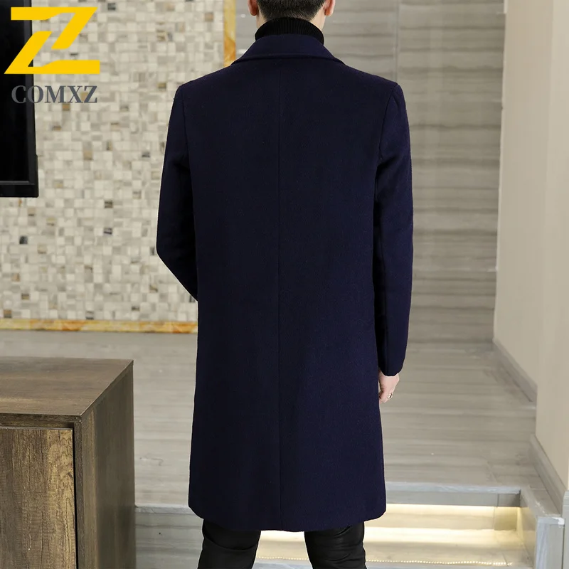 COMXZ سترات شتوية طويلة 2025 رجل الشارع البريطانية سميكة معطف من قماش الكشمير رجل الأعمال الترفيه كلينفيت الصوف يمزج معاطف خندق