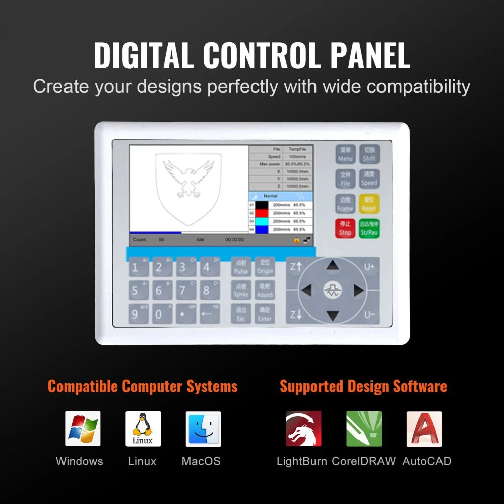 VEVOR-Gravador a Laser com Painel de Controlo Digital, CO2, Tubo de Vidro, Cortador, Papel, Madeira, RUIDA, 80W