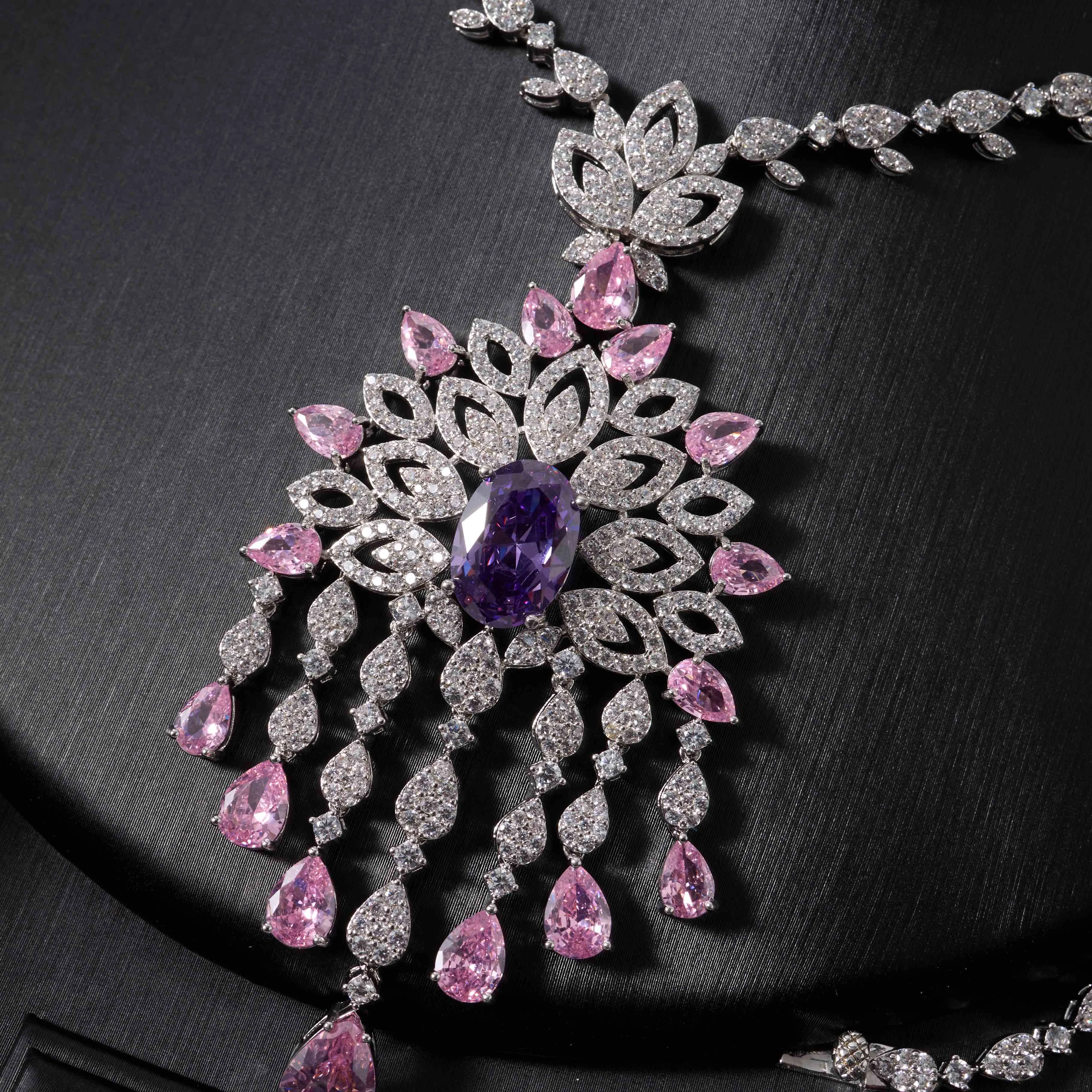 00099 Bridal Long Necklace Set for Women Cubic Zirconia 3 Pcs Jewelry Set for Women Wedding Party Accessories Necklace Earrings