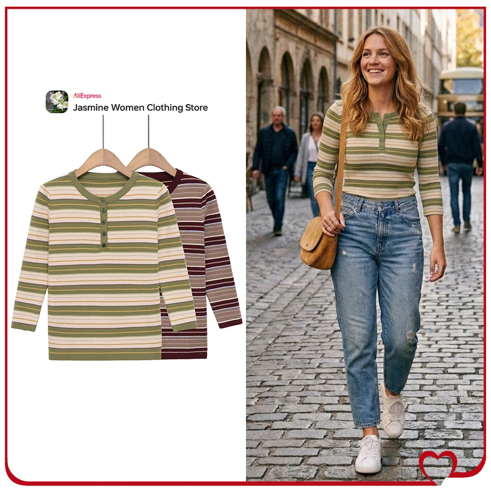 Classic Striped Knit Jumpers for Women New in Spring & Autumn Sweaters Stylish Round Neck Pullovers with Sleeves Below The Elbow