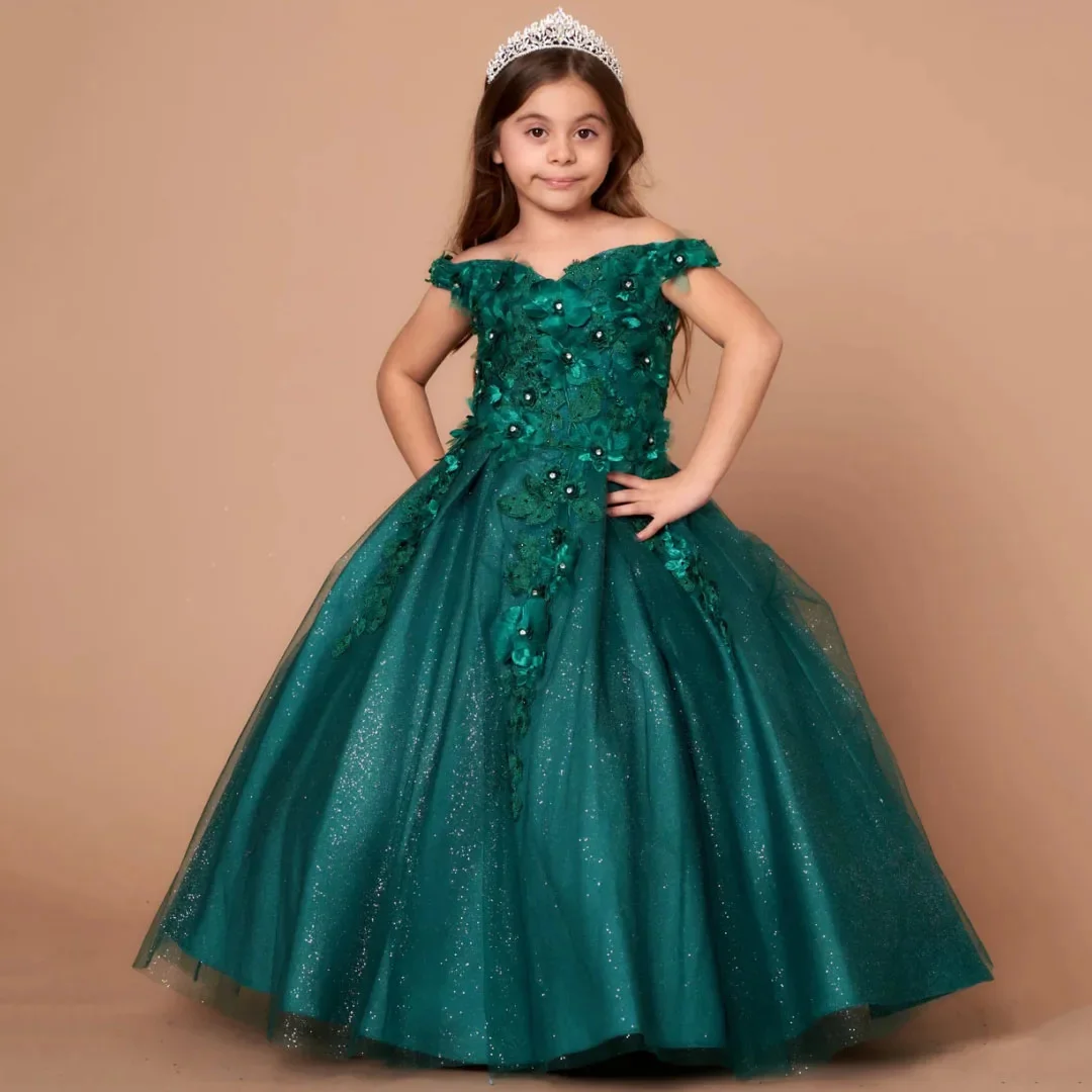

Customized Dark Green Flower Girl Dress For Wedding Floral Appliques Floor Length Classic Princess Birthday First Communion Gown