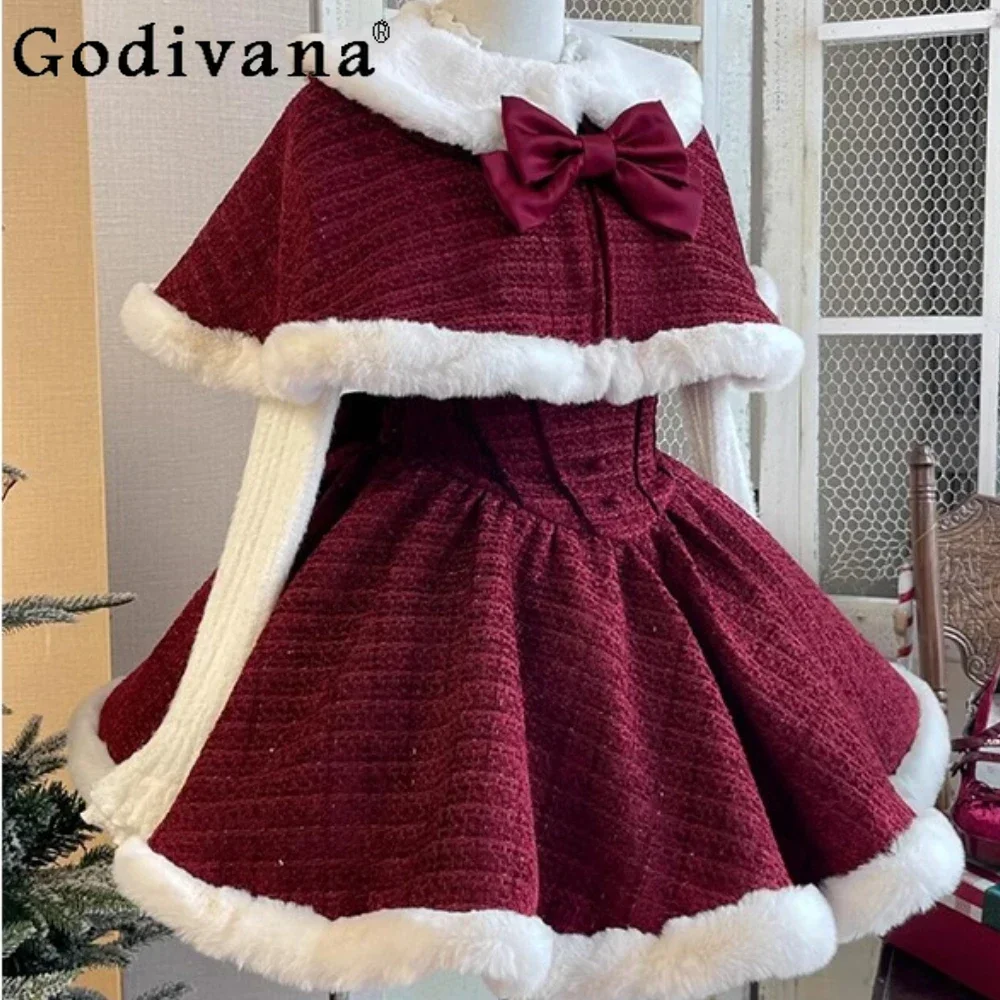 

Christmas New Year's Robe Lolita Long-sleeved Top Bow Rough Edge Suspender Skirt Cape Skirt Matching Sets