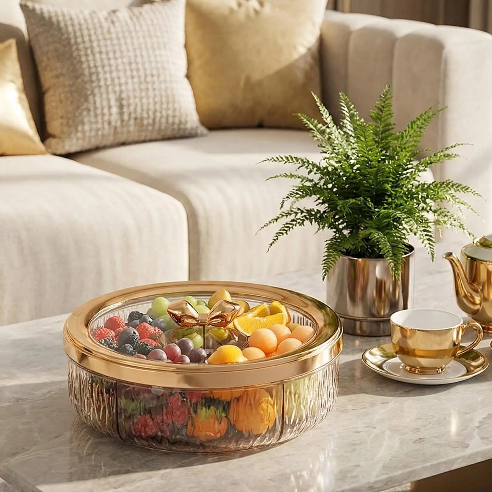 Candy Nut Serving Tray Round PP Divided Fruit Bowl with Clear Lid for Kitchen Table Decoration and Reception