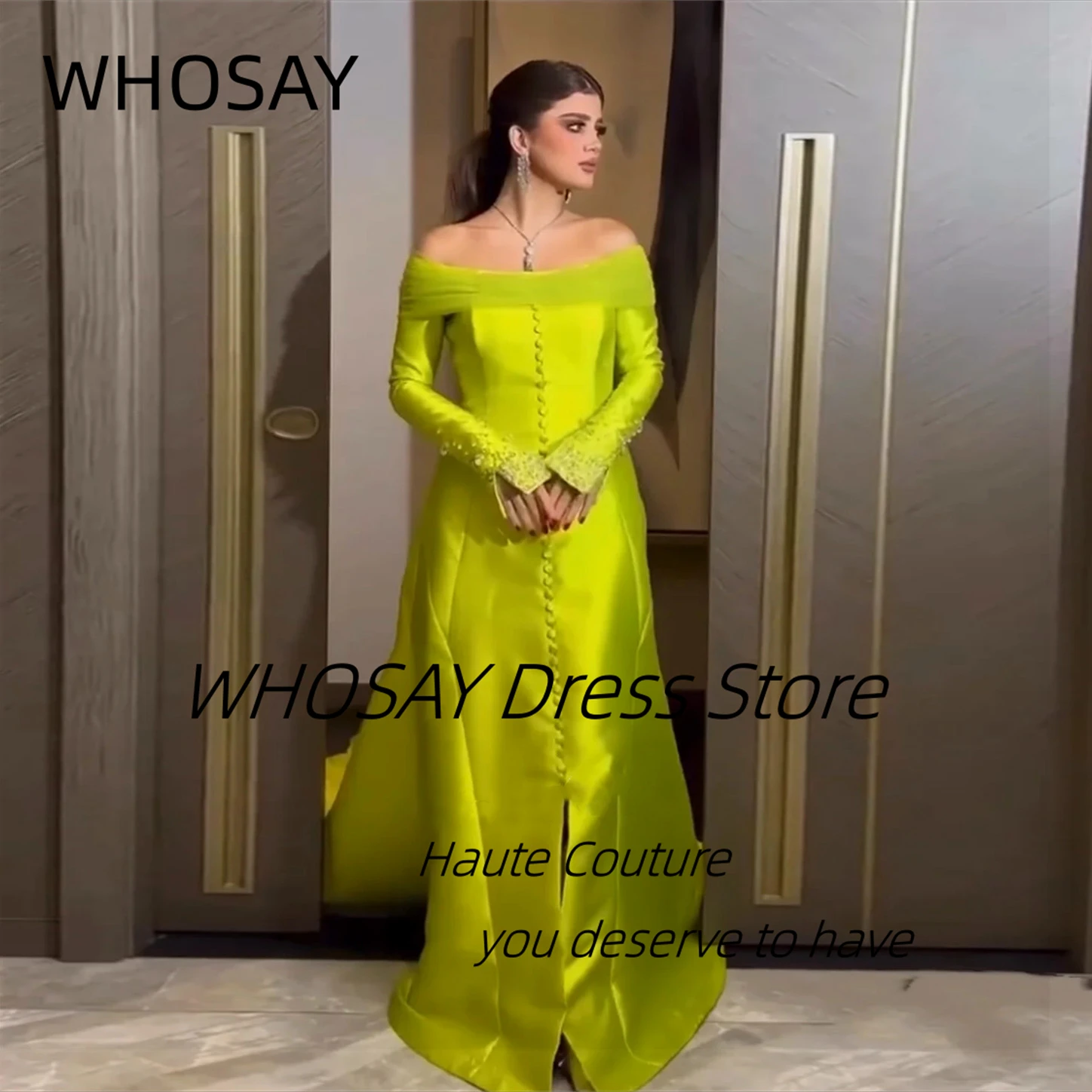 WHOSAY Custom Made Evening Dresses Boat Neck Beaded Long Sleeves Prom Dress with Buttons Front Slit Saudi Arabia Party Gowns