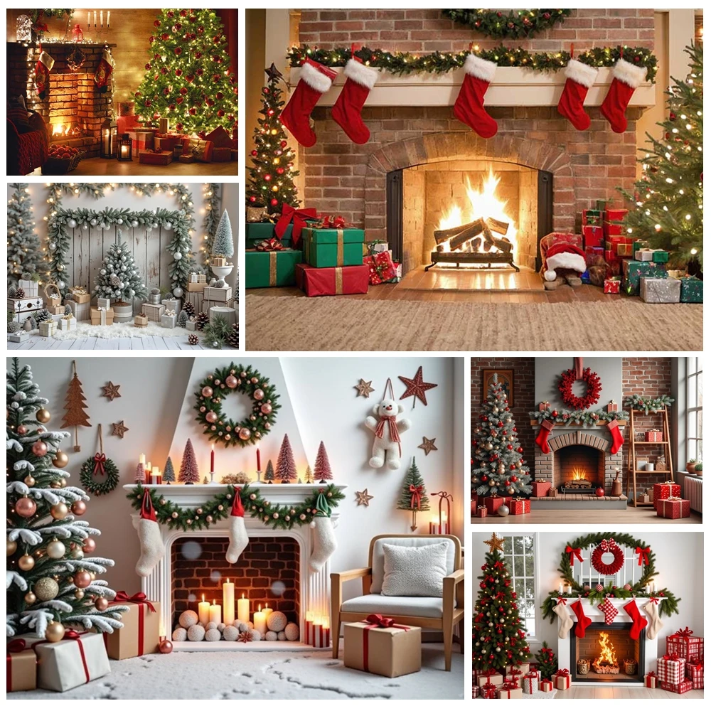 

MOON.QG Christmas Decor Background Photography Fireplace Trees Vintage Red Custom Backdrop Baby Shower Poster Props Party