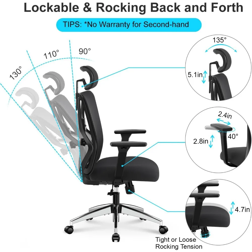 Ergonomic High Back Desk Chair with Adjustable Lumbar Support, Headrest, and 3D Armrests - 130° Rocking Mesh Office Chair