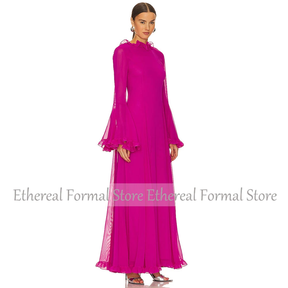 Modern Rose Evening Dress For Wedding O Neck Long Flare Sleeves Saudi Dress Ankel Lengh Simple Formal A Line Ruffles Party Dress