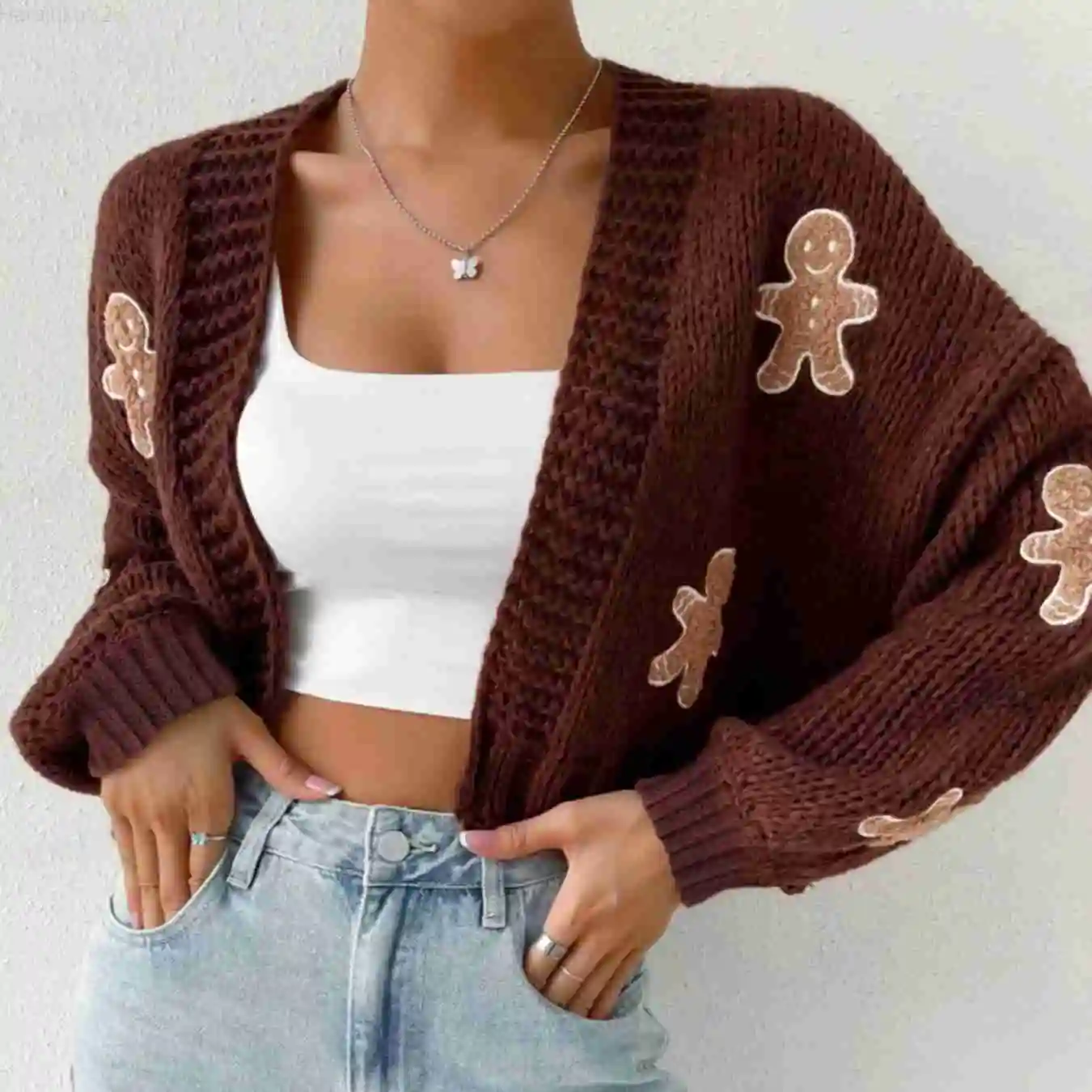 2024 Knitted Sweater With Cookie Man Pattern V-Neck Spring Autumn Winter Pullover Fashion Women Tops Y2k Top