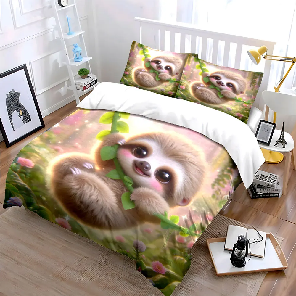 Adorable sloth swinging gently Bedding Set for Kids Luxury Gift 3pcs Digital Print Comforter Set Soft Comfortable Breathable