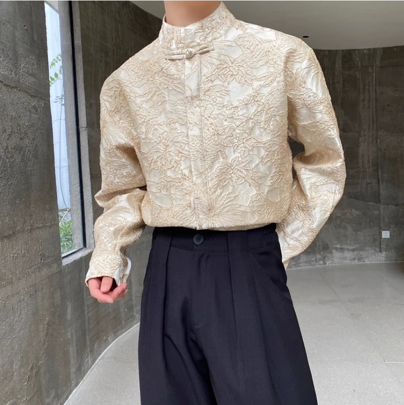 

Spring tribute satin high-end three-dimensional jacquard dark pattern Chinese style stand collar button-up shirt Tang suit top
