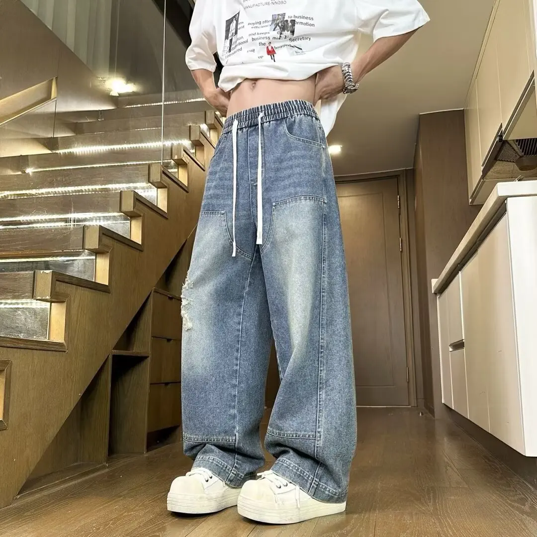 

Мужские джинсы в американском ретро-стиле, весенне-осенние, на шнурке, свободные, прямые, широкие, длинные брюки, повседневные, модные, свободного кроя