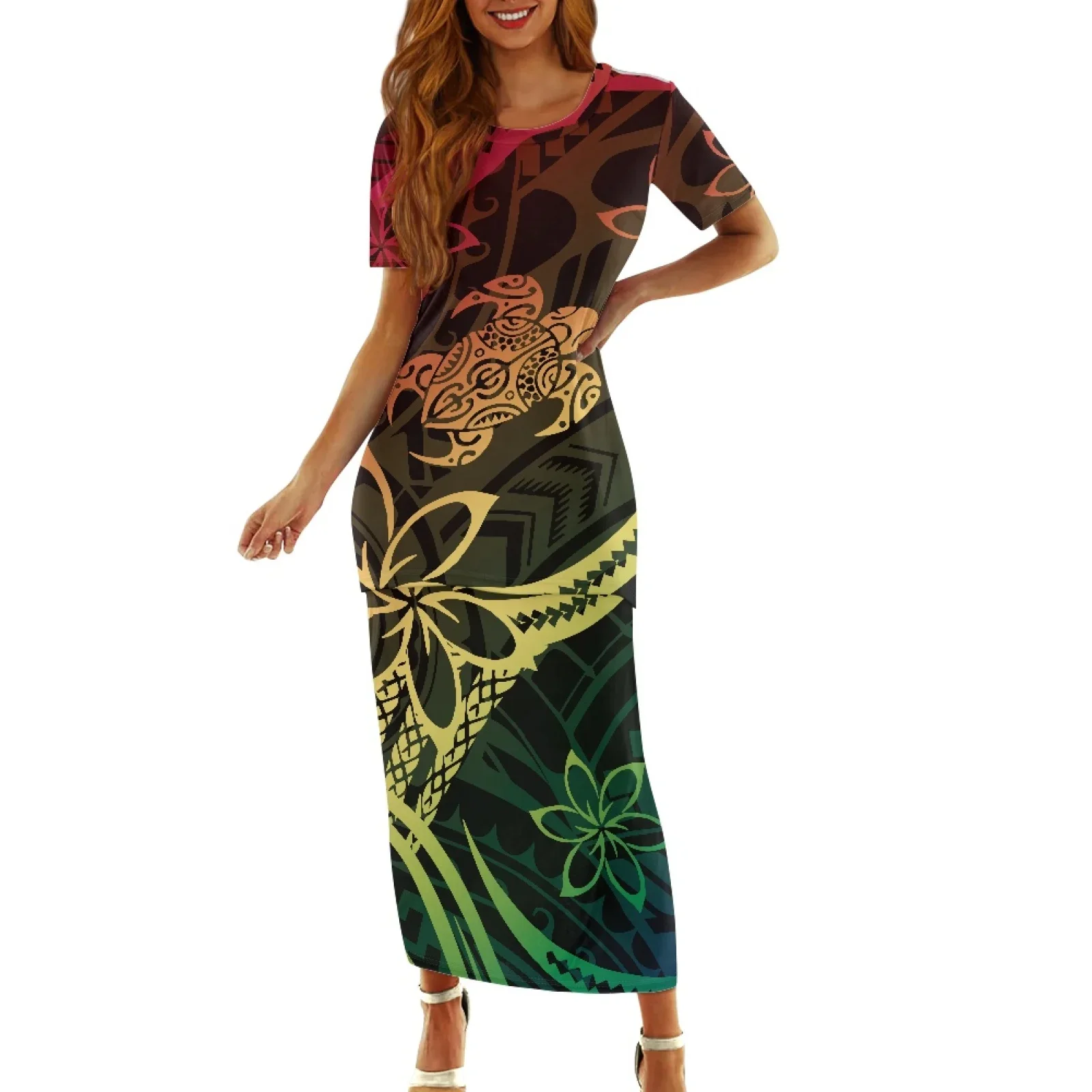 Women Casual Short Sleeve Dresses,Polynesian Tribal,Pohnpei,Totem,Tattoo Prints,Family Party Dresses,Hibiscus Print,2 Pcs Set