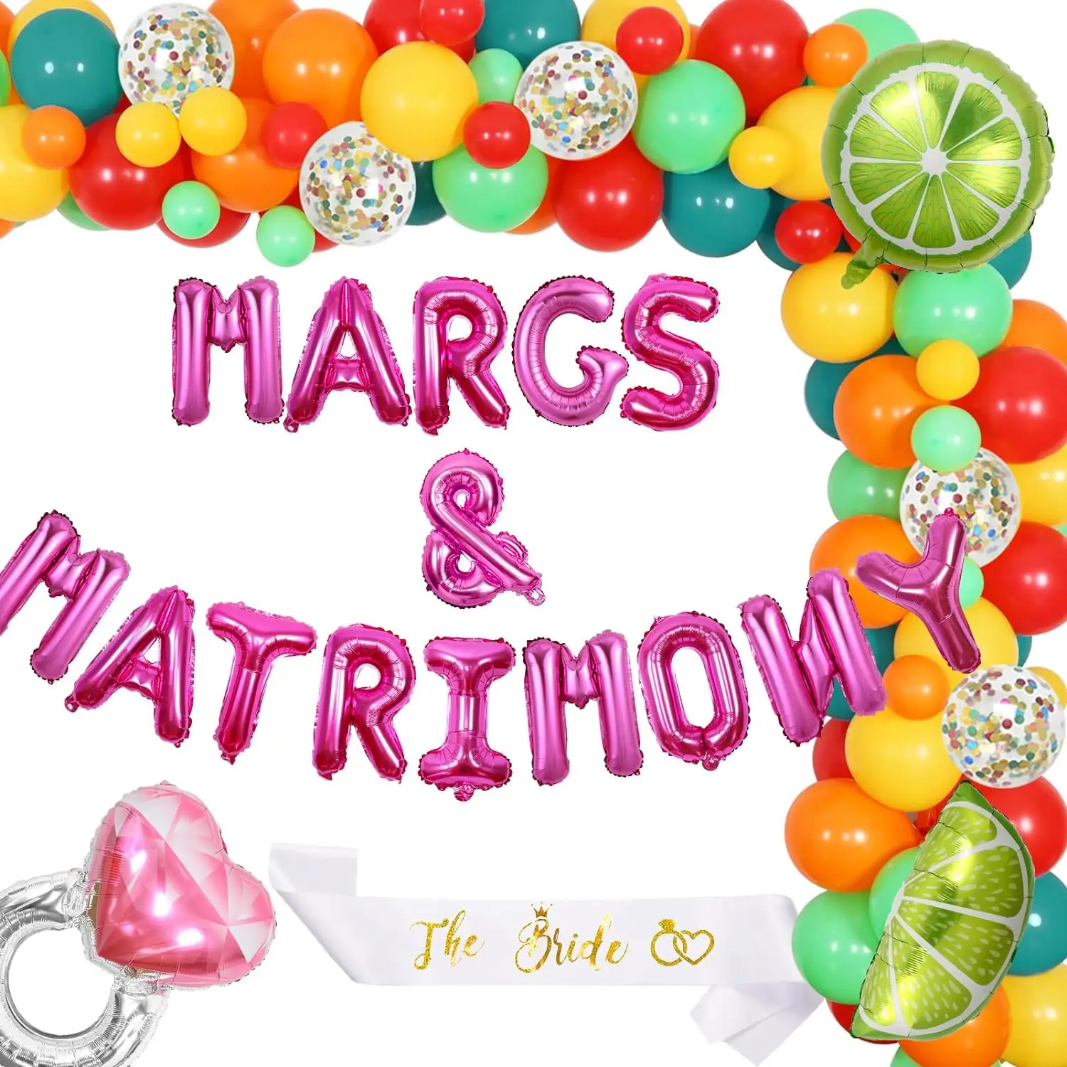 

Margs and Matrimony Bachelorette Part Decor Balloons Arch Lime and Heart Ring Mexican Fiesta Banner for Wedding Bridal Shower