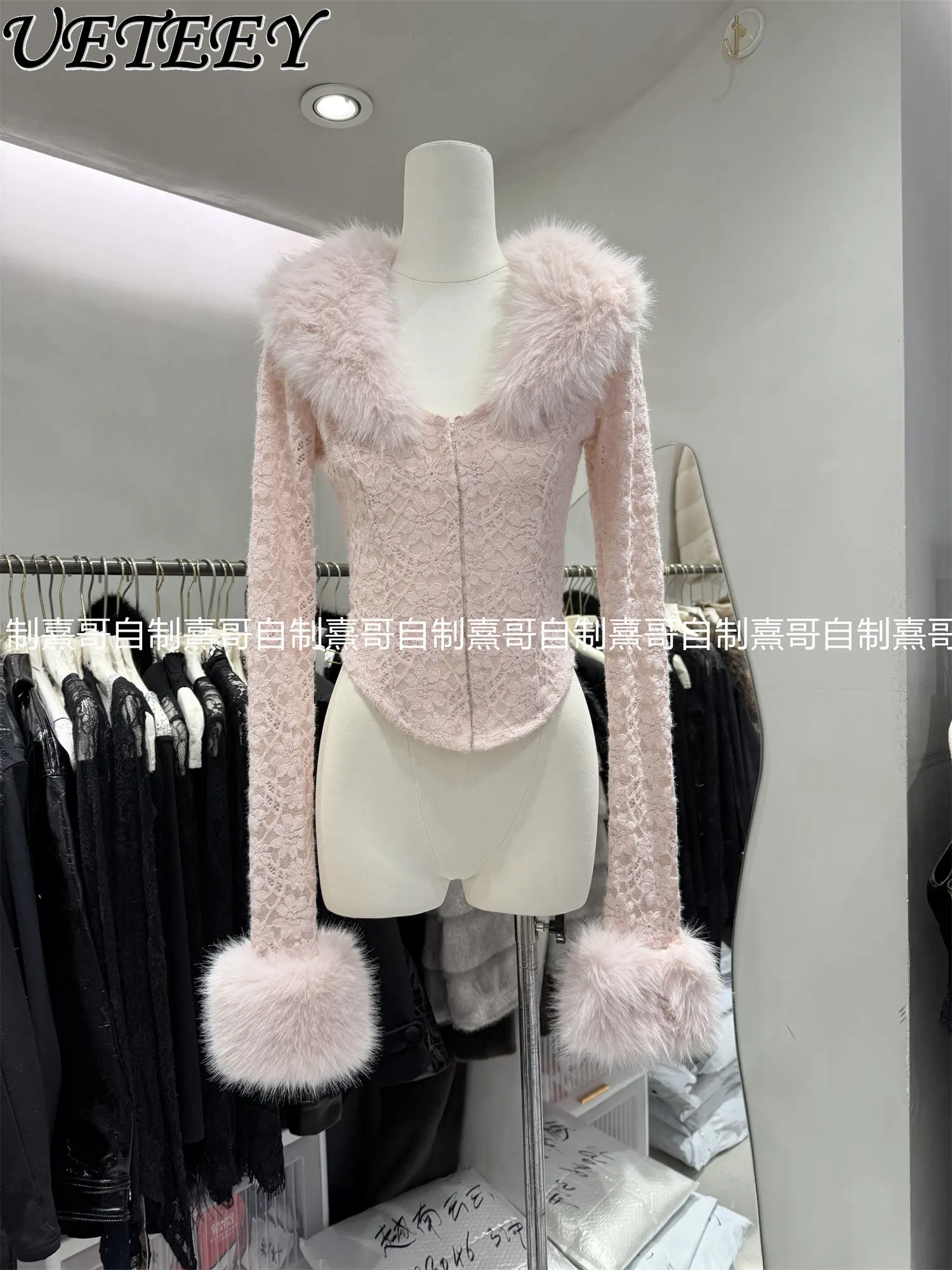 

Топ с длинным рукавом и розовым меховым воротником в стиле Pure Desire, кружевной, весенний, базовый, облегающий, короткий вязаный кардиган