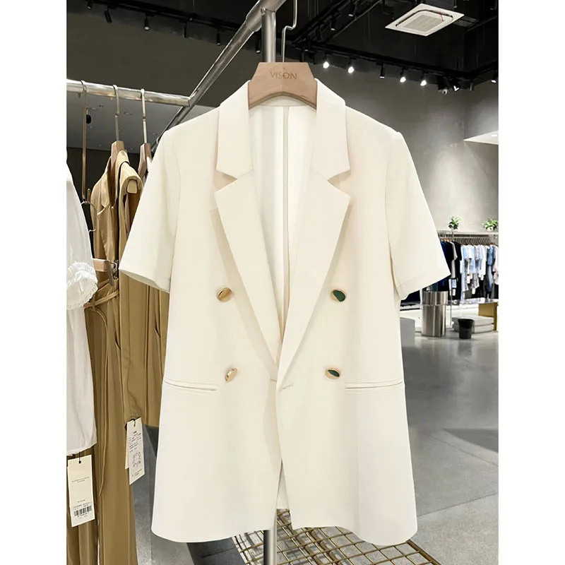 

Milky White Short-Sleeved Suit Jacket Women 2025 Spring Summer New Thin Coat Metal Buckle Professional Blazer Fashion Outwear