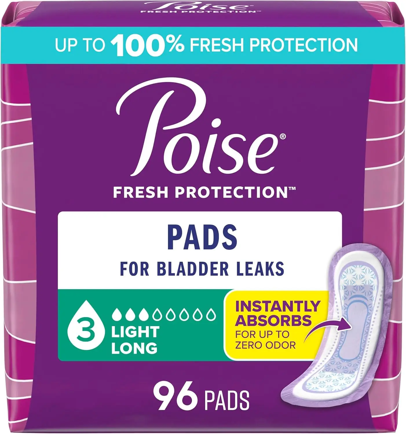 

3 Drop Light Absorbency Incontinence Pads, Long Length, 96 Count (4x24), Effective Bladder Leak Protection