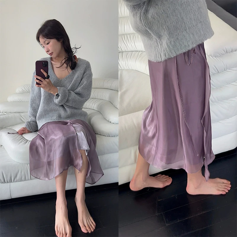 

Romantic Ele V-Ne Sweater Women's Soft Silky f Skirt Spring Dongdaemun 26 Trendy Long Sve Sweet Sle Pure Color