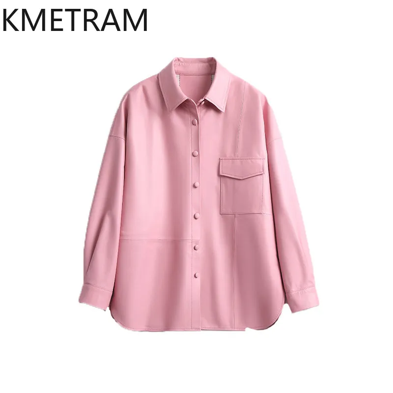 KMETRAM High Quality Sheepskin Genuine Leather Jacket Woman Shirt Leather Coat Polo Collar Jackets of Woman Long Sleeve Tops 자켓