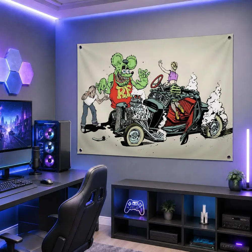 Hot Rod Art R-Rat FinkS Flags Washable Fade-Resistant Flag HD Print Lightweight Durable Indoor/Outdoor
