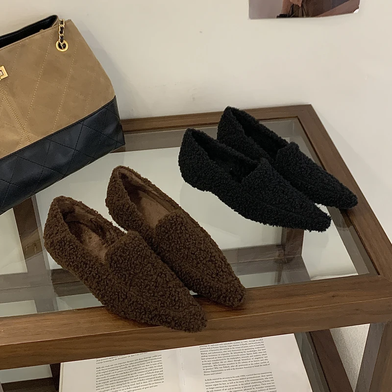 

elevator shoes woman winter warm wedges loafers vintage slip on fur pumps square toe shallow slides low heels mules black brown