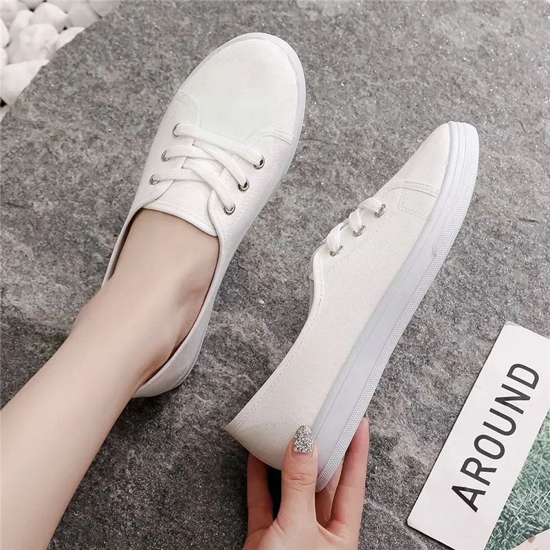 Women Fashion Light Weight Anti Skid White Canvas Shoes Student School Classic Black Round Toe Shoes Lady Home Street Shoes A90