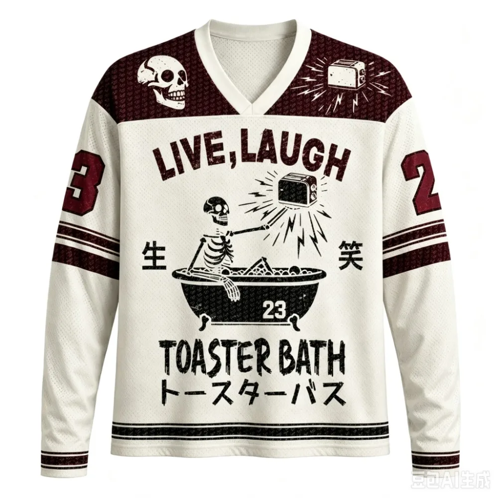 Vintage Skeleton Bath Toaster 3D Printed Spring Autumn Clothing Men Breath Quickdry Sports Long Sleeve Street Fashion V-Neck Top