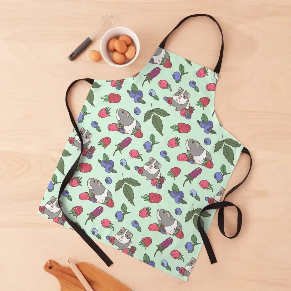 

Gray Guinea pig, raspberries and blueberries pattern in mint background Apron New year's For Women Kitchen Apron