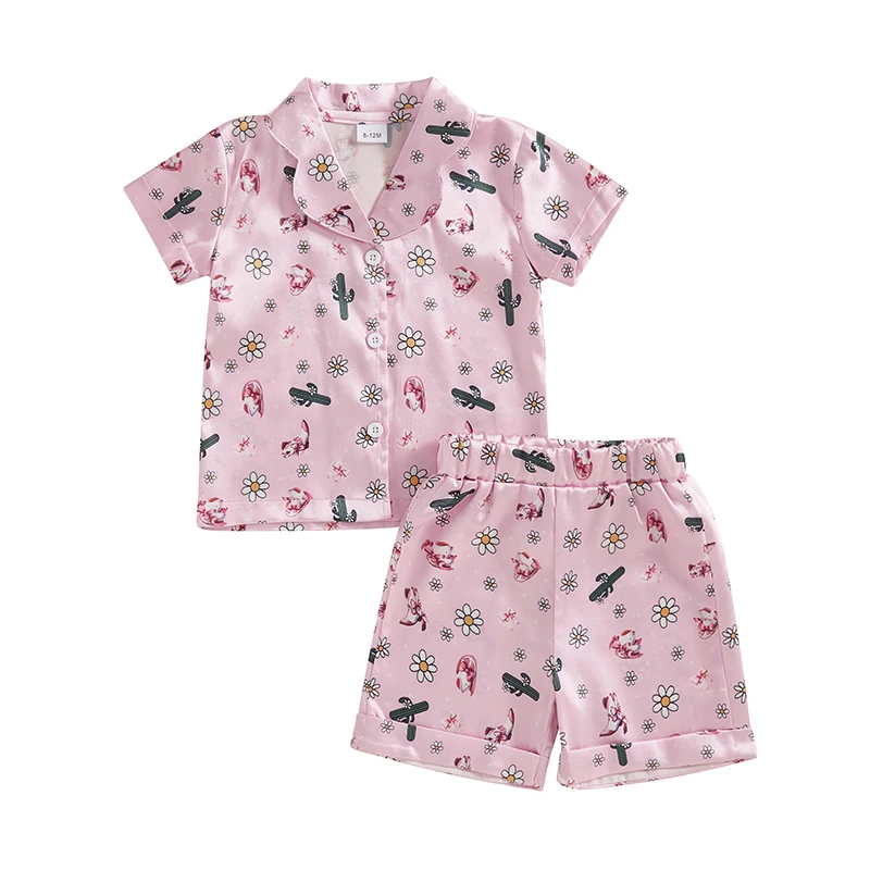 

Girls 2Pcs Western Pajama Sets Short Sleeve Lapel Floral Cactus Print Shirt Shorts Sleepwear