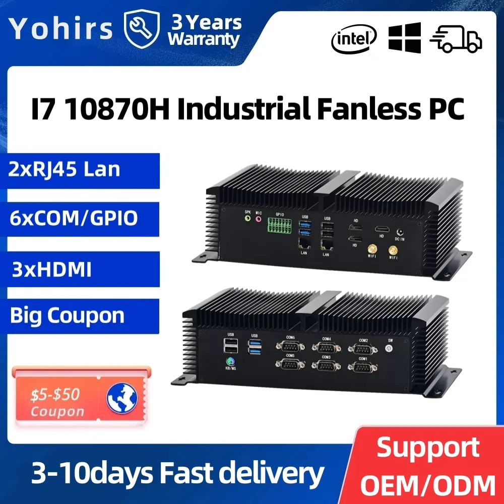 10th Gen Industrial Fanless Computer Core i7 10870H i5 10200H Dual Lan 3*HD-MI Display GPIO 4G SIM Powerful Mini Desktop PC Host