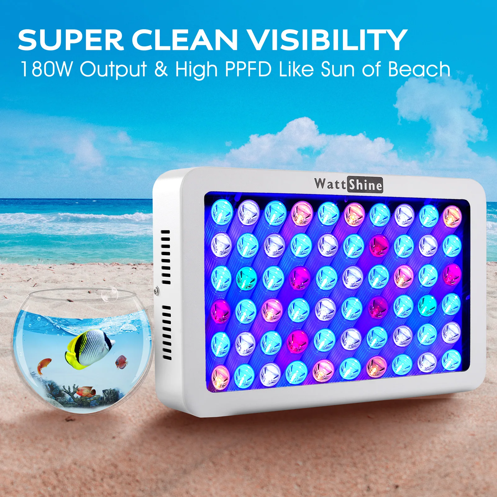 LED Coral Reef Light com canais duplos reguláveis, luzes do aquário, espectro completo, canções, LPS, SPS, aquário marinho, 180W