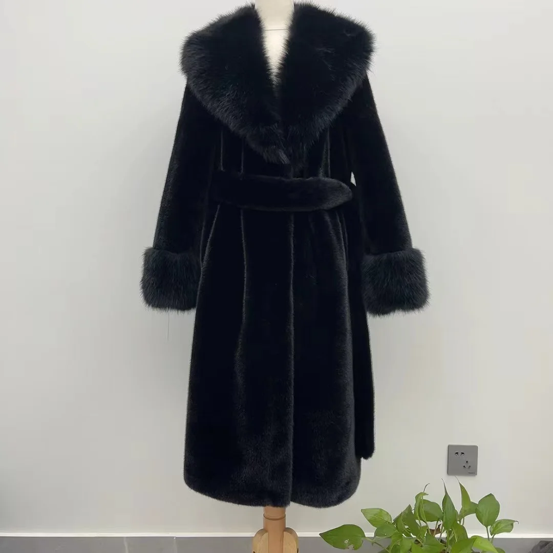 Winter women fake fur coat long with belt warm faux fur coat fashion 2024 new mink fur coat